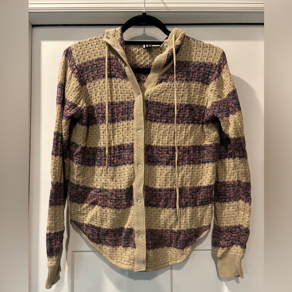 Roxy Hooded Striped Cardigan Sweater in Beige and Multicolored Stripes